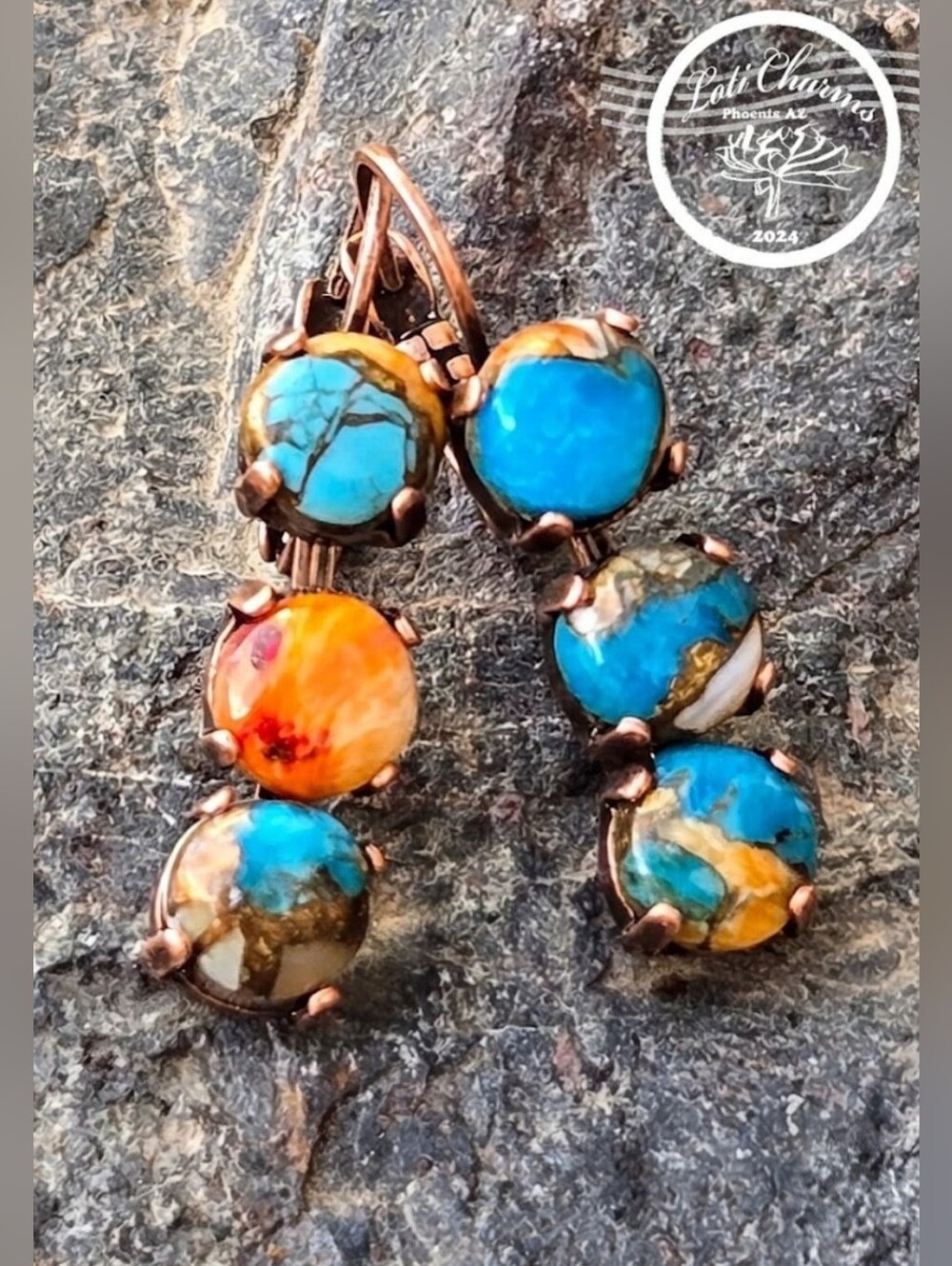 Genuine Spiny Oyster Turquoise Stones In A Three Setting Antique Copper Earrings